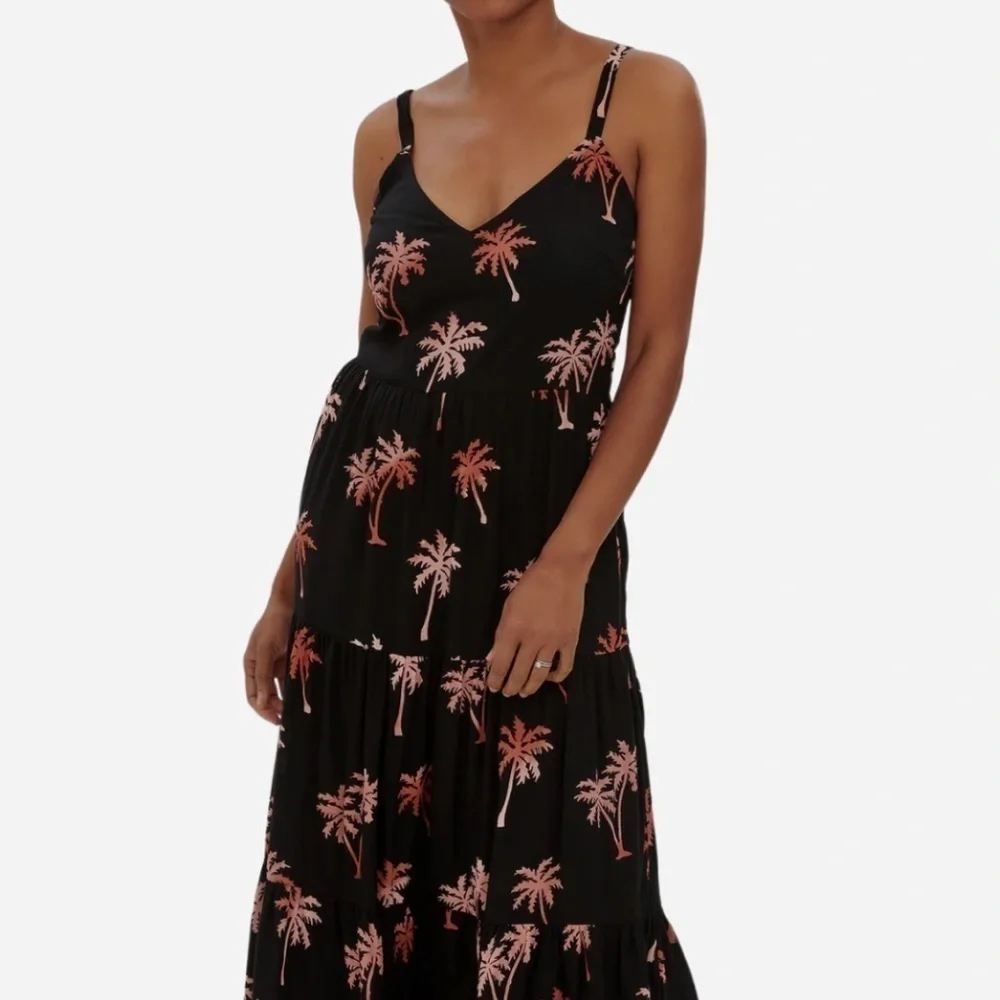 Sugarhill Brighton Tara batik tiered midi sundress black, palm tree print 6 new